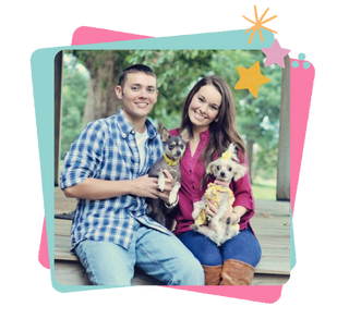 Carly and her family in a pink and blue frame